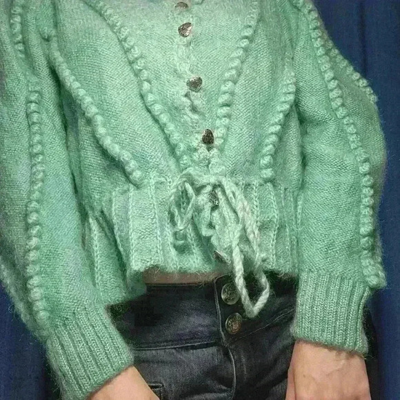 Vintage Lanamoden Salzburg Austrian Folk aqua  merino wool cardigan sweater - Picture 4 of 11